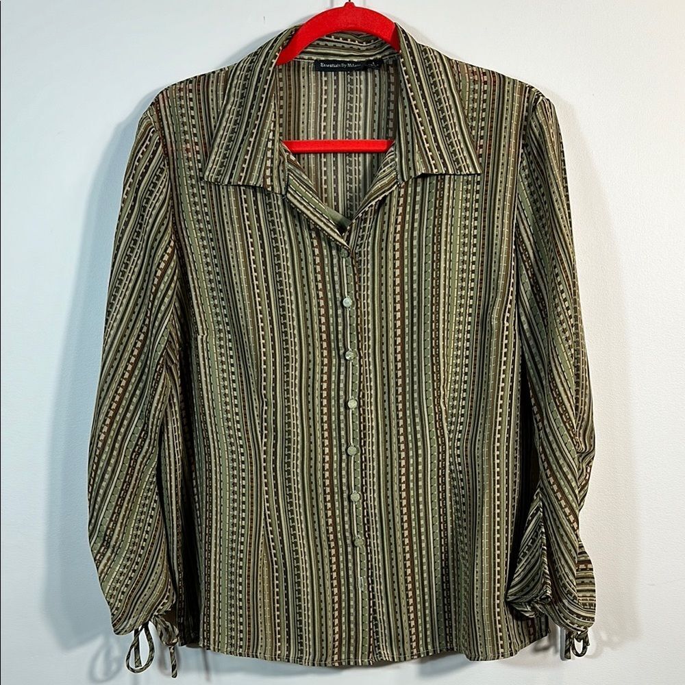 Essentials by Milano Green Brown Button Down Fairy Goblin Boho Y2K Shirt Large